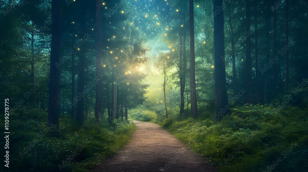 Fototapeta premium Magical forest path illuminated by glowing fireflies..