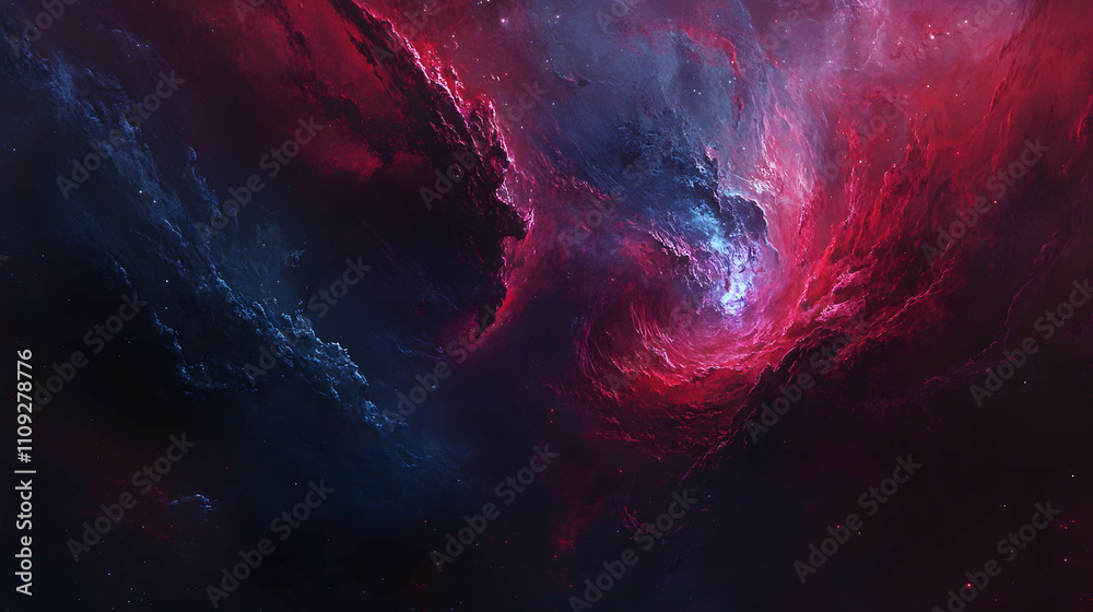 Vibrant red and blue nebula swirling in deep space.. Vibrant red and blue nebula swirling in deep space..