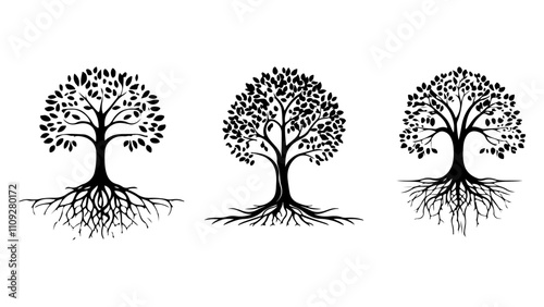 tree silhouette vector, black and white tree shapes with roots
