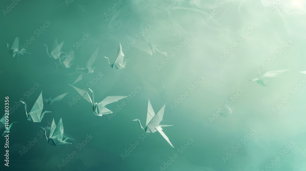Obraz premium Ethereal paper cranes soaring elegantly against a teal gradient, bathed in soft ambient light