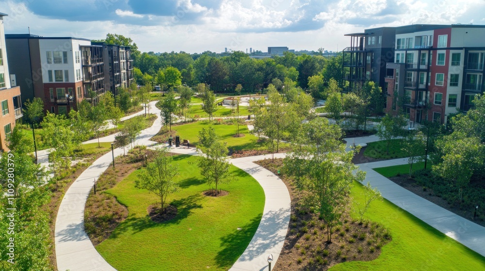 Aerial view of a modern apartment complex with a landscaped park and winding pathways.