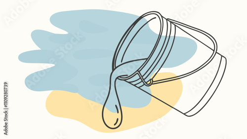 Spilled paint bucket with liquid pouring out on a colorful background representing creativity