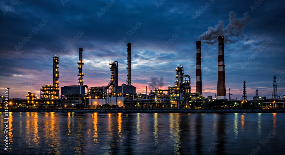 Industrial Refinery at Dusk - Majestic Skyline with Smokestacks and Reflections Industrial Refinery at Dusk - Majestic Skyline with Smokestacks and Reflections