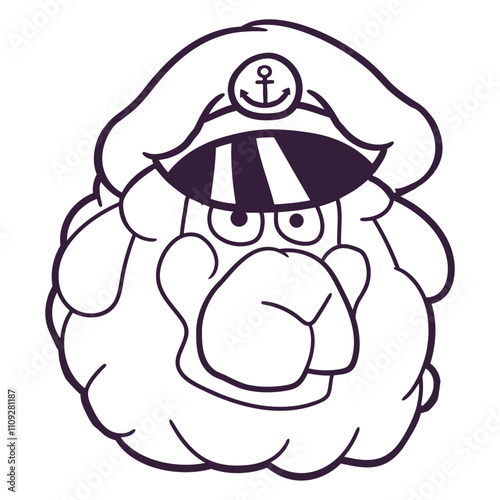 Cute Sheep Old Captain Cap Face Cool Cartoon Comic Isolated Vector Graphic Design Illustration

