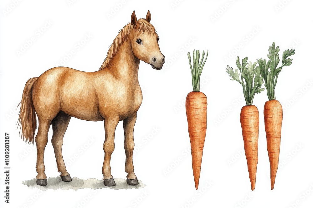 Obraz premium A brown horse next to three carrots, illustrating a connection between animals and food.