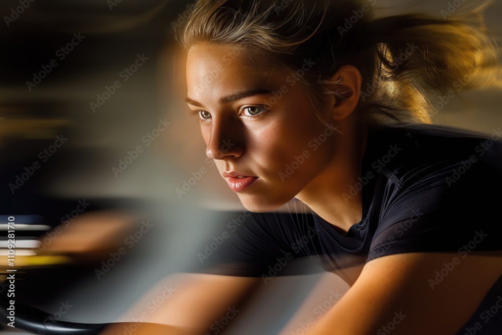 Stock minimalist photography of sport women dynamic motion blur cycling on a stationary bike, with intense focus and other machines in the blurred background. The lighting captures her effort and Stock minimalist photography of sport women dynamic motion blur cycling on a stationary bike, with intense focus and other machines in the blurred background. The lighting captures her effort and