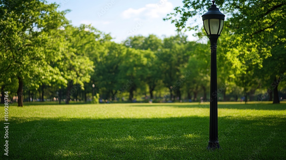 Lone lamp post in vibrant green park with lush trees Lone lamp post in vibrant green park with lush trees