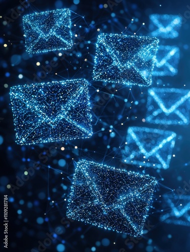 A digital representation of glowing blue email envelopes floating in a network of light particles, symbolizing communication and technology.