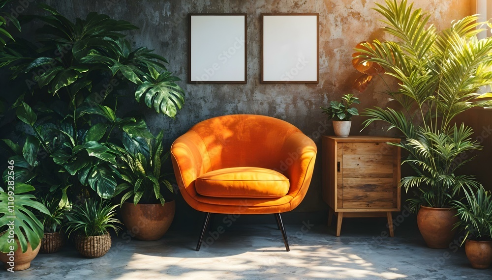 Obraz premium A cozy living room corner with an orange armchair surrounded by lush green plants. The room has a rustic, industrial feel with concrete walls and wooden furniture.