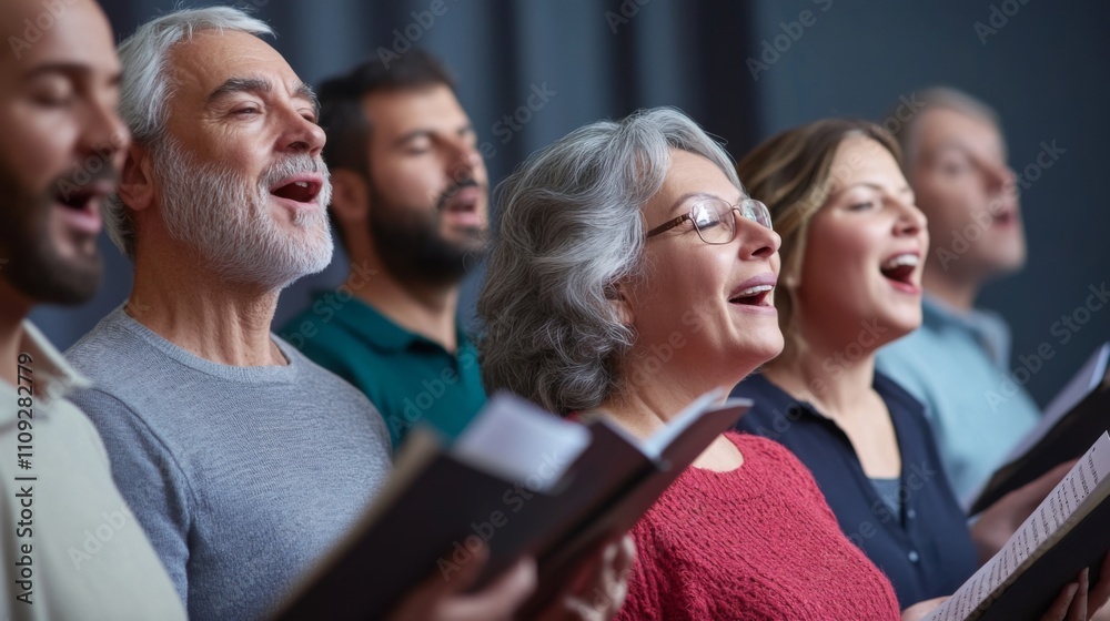 Diverse Group of Enthusiastic Singers Performing in a Harmonious Choir Ensemble Diverse Group of Enthusiastic Singers Performing in a Harmonious Choir Ensemble