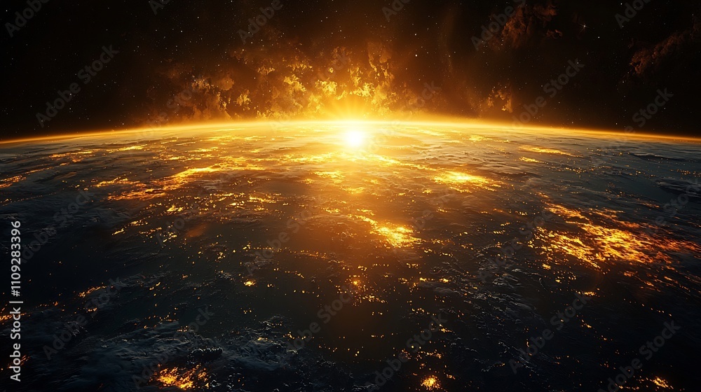 Fototapeta premium Vivid sunrise seen from space Earth glowing in blue and green with golden sun rays