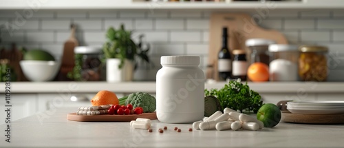 White Supplement Bottle on Kitchen Counter with Healthy Food Background: Enhance Your Wellness Imagery photo