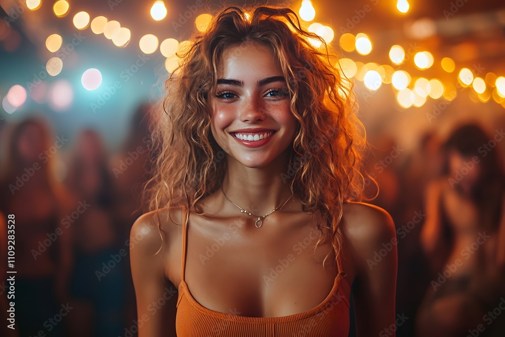 Fototapeta premium Vibrant nightlife with dancing girls under glittering lights. Perfect for use in entertainment venue advertisements or nightlife articles. Creates a sense of fun, liveliness and positive energy.