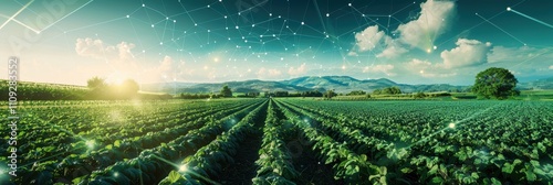 A vibrant landscape of rows of crops under a bright sky, blending nature with digital elements, symbolizing innovation in agriculture.