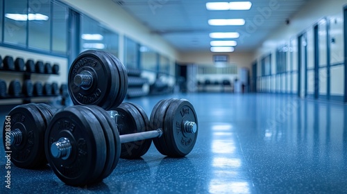 Bodybuilding and fitness equipment in a school locker room. 