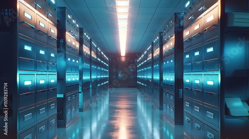 A futuristic storage facility with illuminated cabinets lining a corridor, reflecting a modern organizational space.