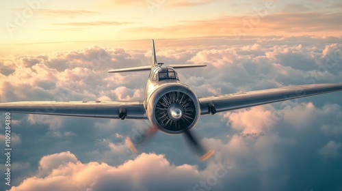 Propeller plane graces cloudy skies. photo