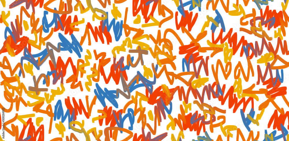 Trendy Seamless Pattern with Colorful Scribbles on a White Background. Simple Hand Drawn Abstract Doodle Print. Red, Blue, Orange and Yellow Brush Zigzags. Irregular Chaotic Childish Texture. Trendy Seamless Pattern with Colorful Scribbles on a White Background. Simple Hand Drawn Abstract Doodle Print. Red, Blue, Orange and Yellow Brush Zigzags. Irregular Chaotic Childish Texture.