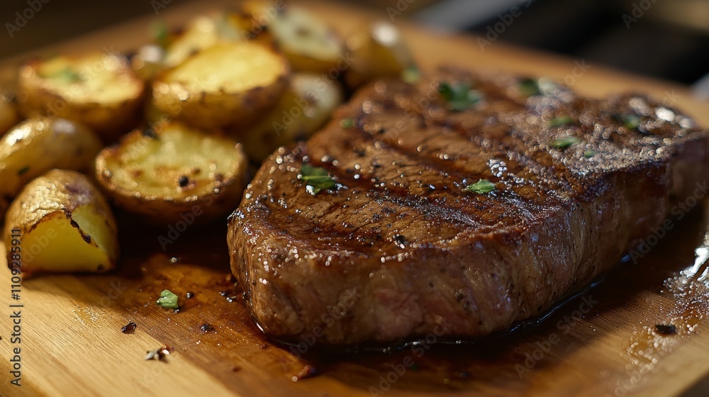 Steak and potatoes on a cutting board Steak and potatoes on a cutting board