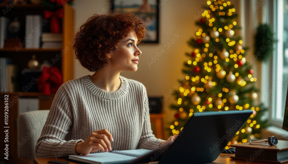 A young woman with long red hair sits at her desk by the window filling out her diary, a planner for the next year, thoughtfully and dreamily thinking about her goals for the future. A young woman with long red hair sits at her desk by the window filling out her diary, a planner for the next year, thoughtfully and dreamily thinking about her goals for the future.
