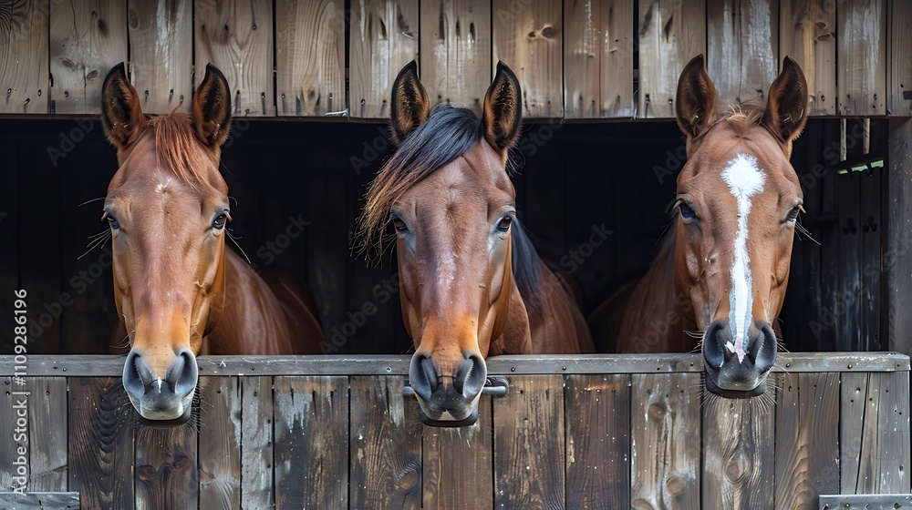 Obraz premium Three Happy Horses with Ears Forward Looking Out of Their Stalls in Beautiful Modern Stable. Equestrian Barn Life Theme.