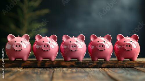 Row of pink piggy banks on a wooden table