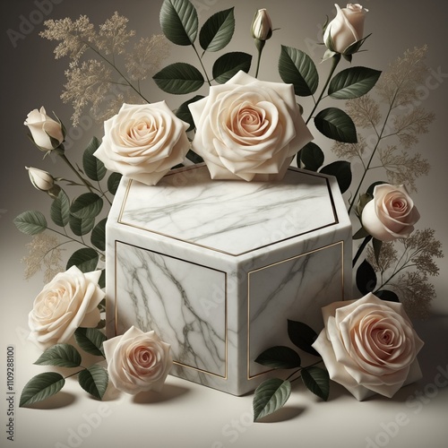Hexagonal Marble Pedestal with Roses and Leaves