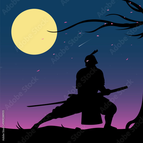 Japanese Samurai Standing with sword in night time under the tree with big moon behind. Illustration Vector Wallpaper