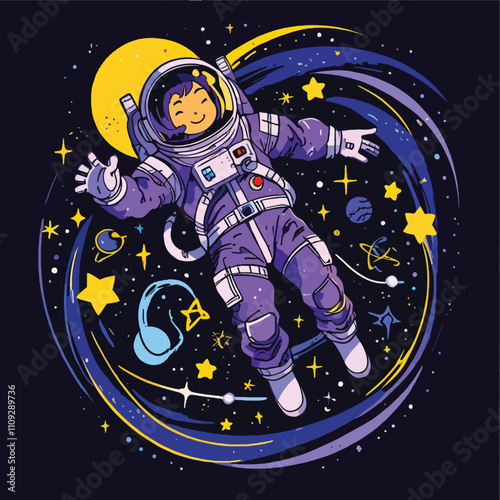 A illustation of a girl floating in the outer space 