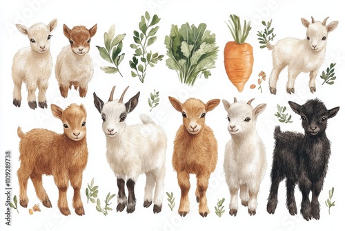 A collection of adorable goat illustrations alongside fresh vegetables and herbs. photo