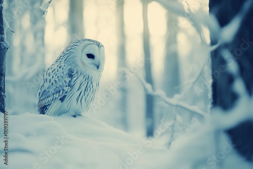  A solitary owl perched in silence, its large, round eyes and soft feathers standing out against the minimalist white background, reflecting its quiet wisdom.  photo