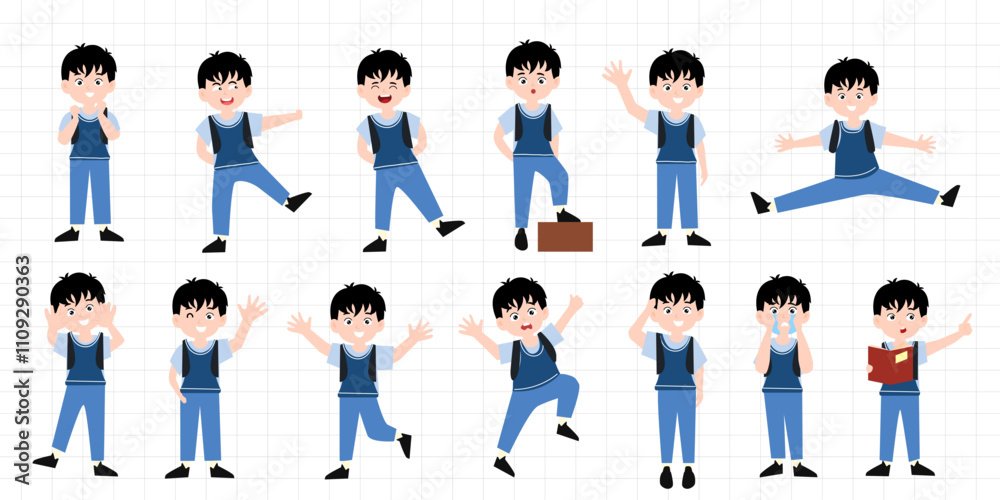 Obraz premium set of popular child boy variant activity. unicorm school diferrent pose character illustration design. simple shirt orange. playing gadget,