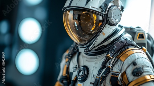 Cinematic shot of an astronaut in futuristic space suit with backlight effects photo