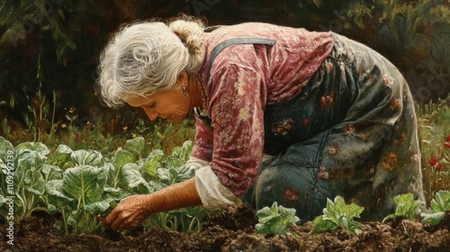 Mature gardener harvests vegetables photo