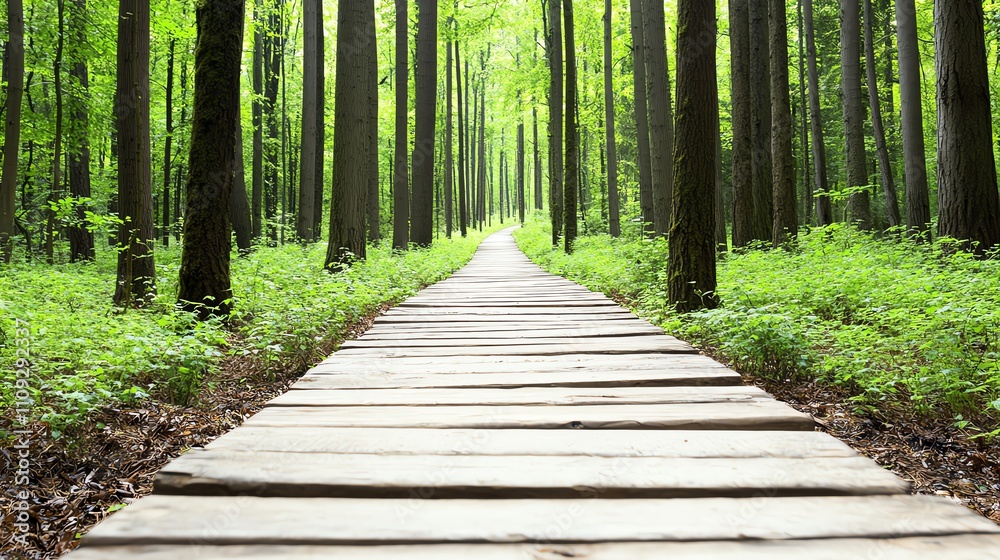 Fototapeta premium A serene wooden path stretches through a lush, green forest