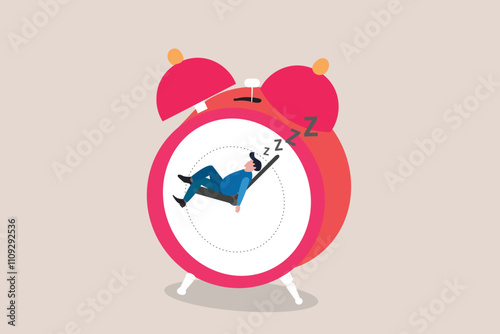 Lazy businessman sleeping on clock, unwilling to work. concept of Wasted time and slow life