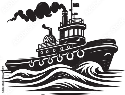 Tug boat ship silhouette vector illustration isolated on a white background