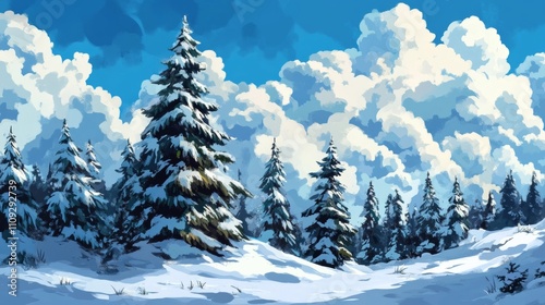 Snow-laden firs, azure sky photo