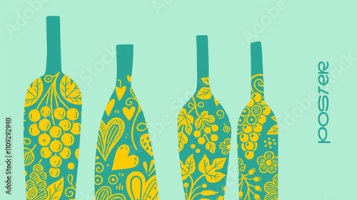 Vintage-style wine design with bright grape and leaf patterns on colorful bottles, ideal for tasting events, winery promotions, and festive banners.