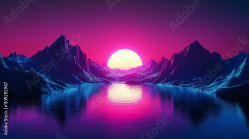 Vibrant neon sunset over reflective mountains