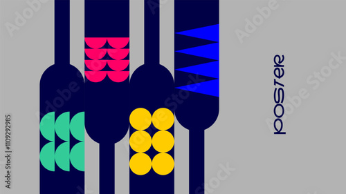 Bold wine poster featuring abstract bottles with geometric patterns, creating a modern design perfect for winery events, minimalistic menus, and creative flyers.