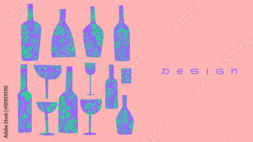 Whimsical wine banner showcasing playful patterns on bottles and glasses, perfect for winery menus, tasting event flyers, and retro-themed designs.