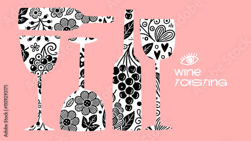 Elegant black-and-white wine banner with intricate patterns on glasses and bottles, perfect for tasting event posters, winery promotions, and creative menus.