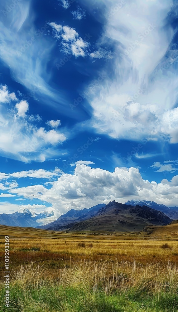 Obraz premium Stunning peruvian grassland with majestic alps under a bright blue sky and fluffy white clouds