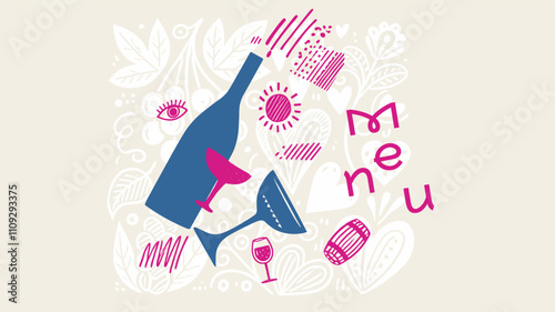 Modern wine design with playful elements and vibrant shapes, blending bottles and glasses for creative menus, winery banners, and festive celebrations.