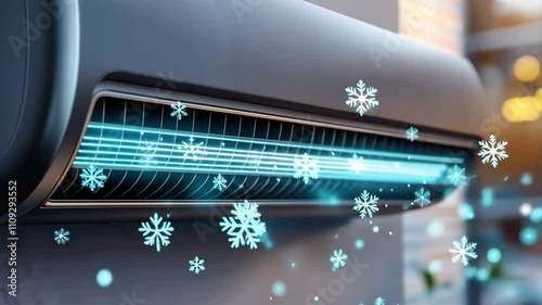 Close-up of an air conditioner blowing cool air, represented by snowflakes.
