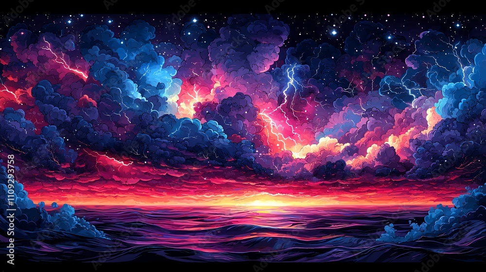 Fototapeta premium Chaotic stormy sky with dark clouds and vibrant colors at sunset