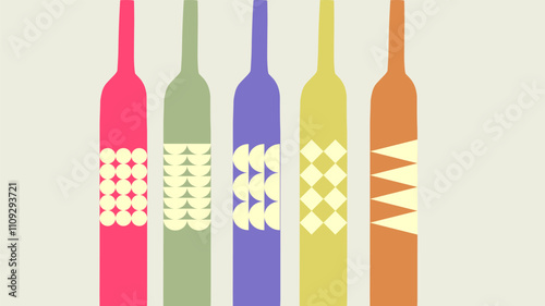 Wine bottles featuring bold, hand-drawn motifs in vibrant colors create a charming and inviting banner perfect for parties or winery events.