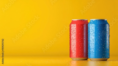 Two colorful soda cans, one red and one blue, with condensation, set against a bright yellow background.