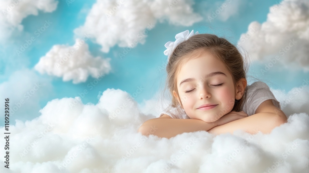 A serene child peacefully resting on fluffy clouds, surrounded by a dreamy blue sky and soft white clouds, evoking a sense of calm and imagination. A serene child peacefully resting on fluffy clouds, surrounded by a dreamy blue sky and soft white clouds, evoking a sense of calm and imagination.